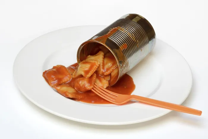 Framed Print : Opened Tin Can with Ravioli and Fork Print Framed Print : Opened Tin Can with Ravioli and Fork Print
