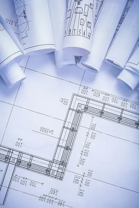 Framed Print : Organized Copyspace Print with Rolled Blueprints