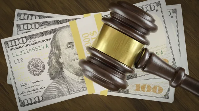 Framed Print : Overhead of Gavel and Money Stack Print