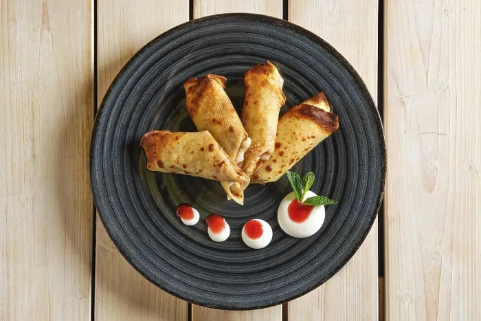 Framed Print : Overhead View of Thin Pancakes with Fruit Stuffing Print Framed Print : Overhead View of Thin Pancakes with Fruit Stuffing Print