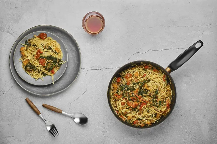 Framed Print : Overhead View of Spaghetti Print with Spinach and Tomato Framed Print : Overhead View of Spaghetti Print with Spinach and Tomato
