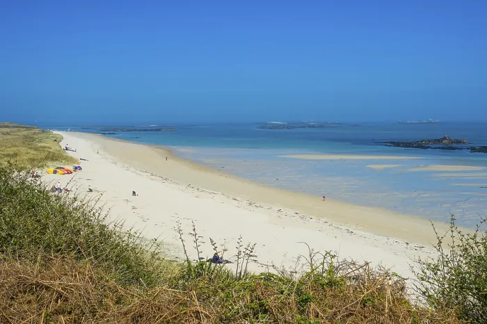 Framed Print : Overlook over Shell beach, Herm Island print Framed Print : Overlook over Shell beach, Herm Island print