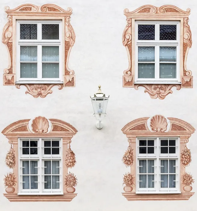 Framed Print : Print of a Painted Façade with Four Windows and Lantern Framed Print : Print of a Painted Façade with Four Windows and Lantern