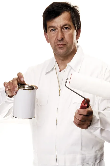 Framed Print : Painter with paint roller and can of paint Print