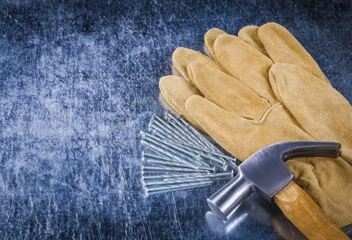 Framed Print : Construction Print: Leather Gloves and Claw Hammer Framed Print : Construction Print: Leather Gloves and Claw Hammer