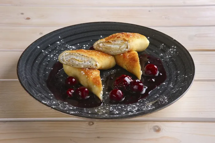 Framed Print : Thin Pancakes with Curd and Cherry Jam Print Framed Print : Thin Pancakes with Curd and Cherry Jam Print