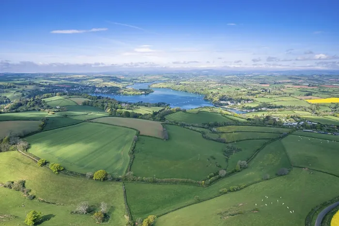 Framed Print : Panorama Print of River Dart and Fields, Devon, England Framed Print : Panorama Print of River Dart and Fields, Devon, England