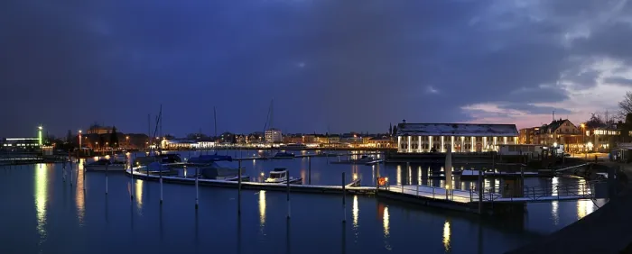 Framed Print : Panoramic View of Romanshorn Harbour Print, Evening Scene Framed Print : Panoramic View of Romanshorn Harbour Print, Evening Scene
