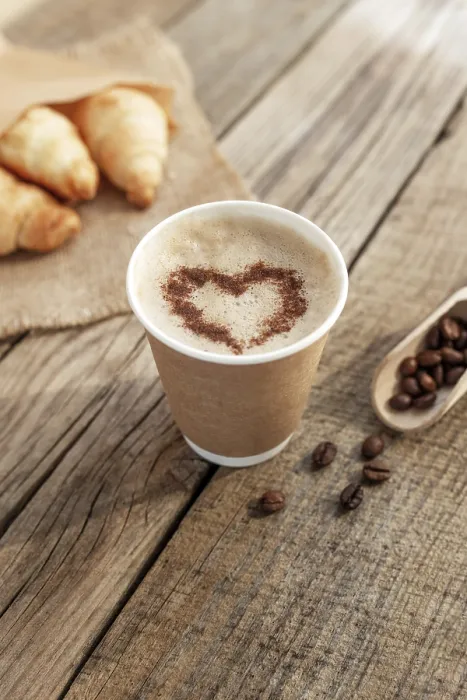 Framed Print : Coffee Print with Heart-Shaped Cup and Croissants Framed Print : Coffee Print with Heart-Shaped Cup and Croissants