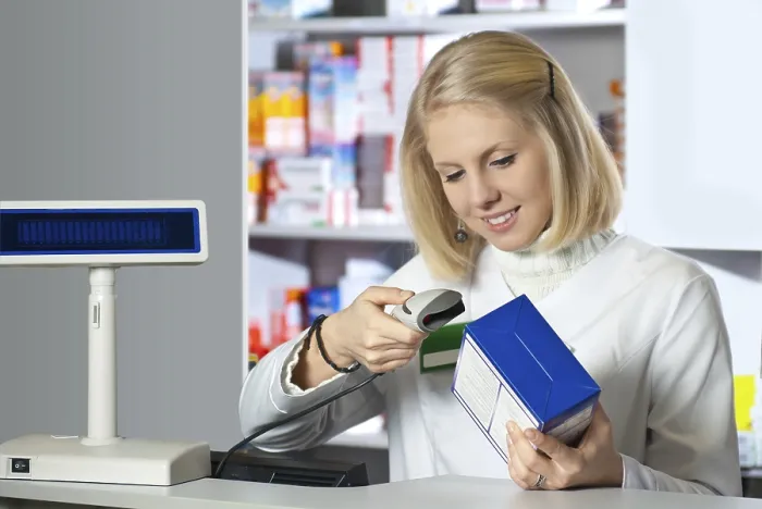 Framed Print : Pharmacist Scanning Medicine with Barcode Reader Print Framed Print : Pharmacist Scanning Medicine with Barcode Reader Print