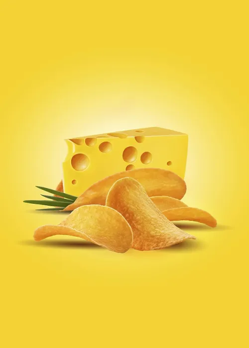 Framed Print : Print of a Palatable Cheese Snack on Yellow Background Framed Print : Print of a Palatable Cheese Snack on Yellow Background