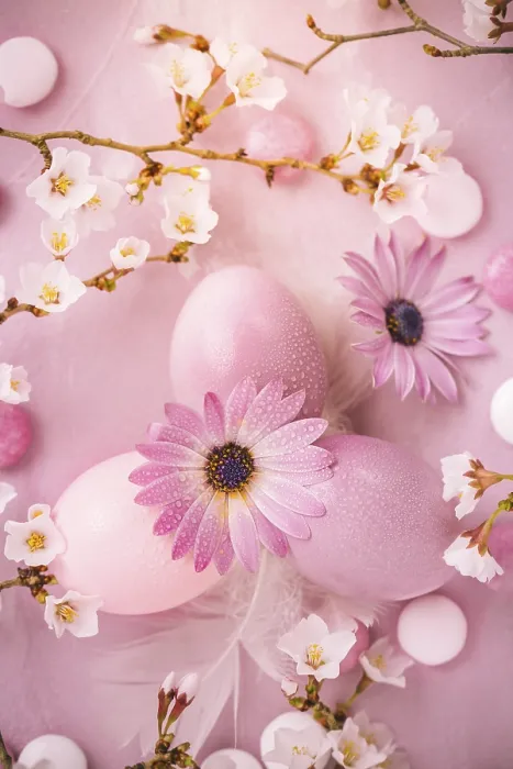 Framed Print : Pink Easter Eggs with Blooming Branch Print Framed Print : Pink Easter Eggs with Blooming Branch Print