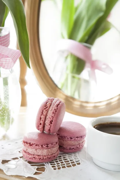Framed Print : Three Pink Macaroons and Coffee Print Framed Print : Three Pink Macaroons and Coffee Print