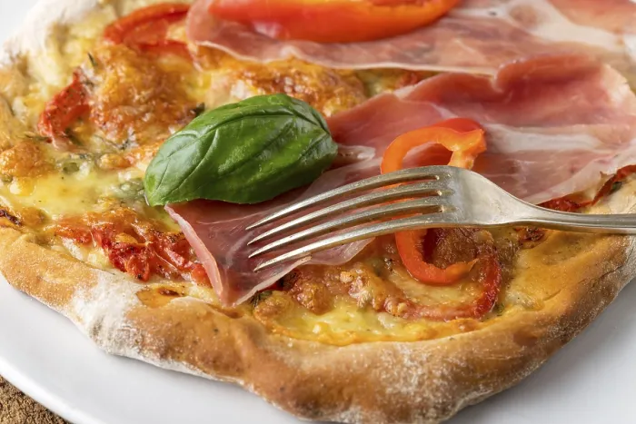 Framed Print : Detail of a Pizza with Ham and Basil Print Framed Print : Detail of a Pizza with Ham and Basil Print