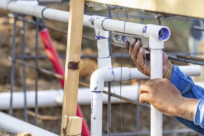 Framed Print : Plumber Using Level to Install PVC Pipe Print Framed Print : Plumber Using Level to Install PVC Pipe Print