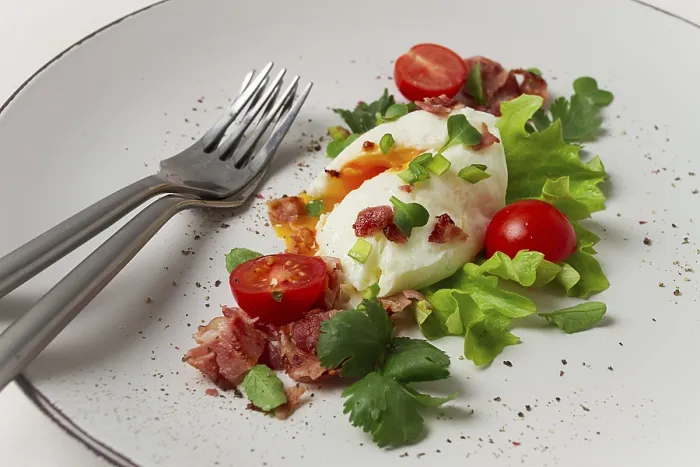 Framed Print : Poached Egg with Bacon and Vegetables Print Framed Print : Poached Egg with Bacon and Vegetables Print