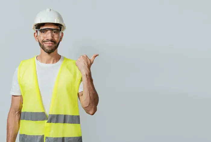 Framed Print : Construction Worker Pointing at Advertisement Print
