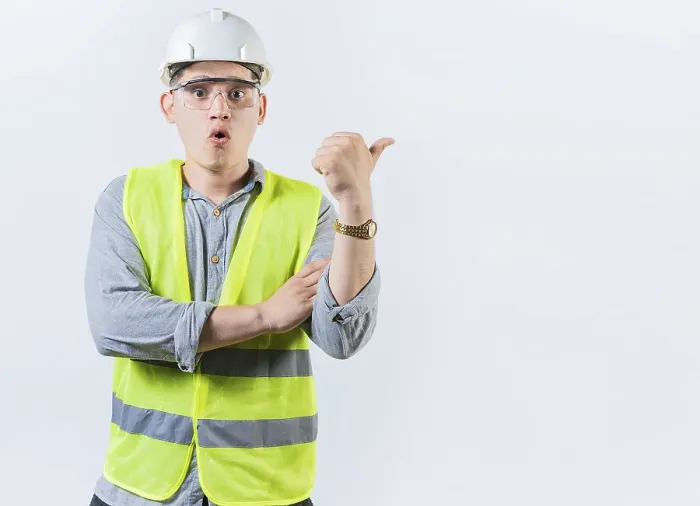 Framed Print : Surprised Engineer Pointing to Print Advertisement