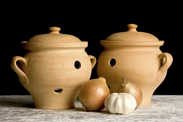 Framed Print : Two Pots with Onions and Garlic Print Framed Print : Two Pots with Onions and Garlic Print