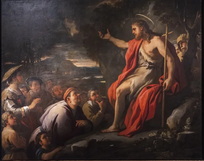 Framed Print : 17th Century Print: Preaching of Saint John the Baptist Framed Print : 17th Century Print: Preaching of Saint John the Baptist