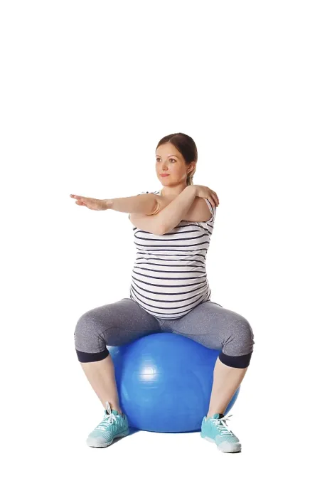 Framed Print : Pregnancy Exercise Print - Stretching with Exercise Ball Framed Print : Pregnancy Exercise Print - Stretching with Exercise Ball