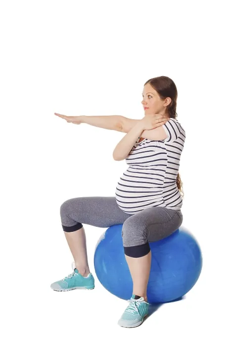 Framed Print : Pregnancy Exercise Print - Stretching with Exercise Ball Framed Print : Pregnancy Exercise Print - Stretching with Exercise Ball