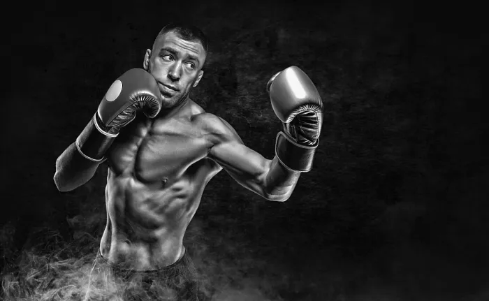 Framed Print : Professional Boxer Practicing Blows in Smoke Print
