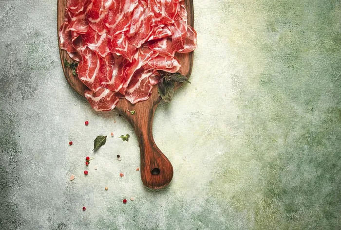 Framed Print : Prosciutto on a Cutting Board Print, Top View Framed Print : Prosciutto on a Cutting Board Print, Top View
