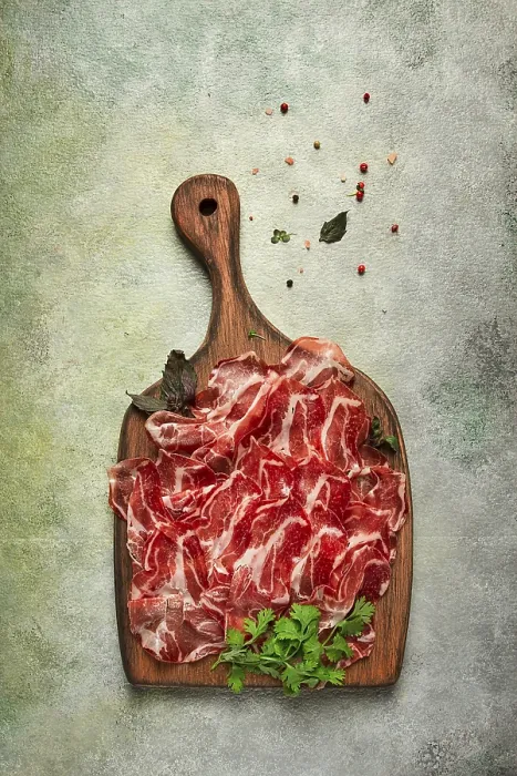 Framed Print : Prosciutto on a Cutting Board Print, Top View Framed Print : Prosciutto on a Cutting Board Print, Top View