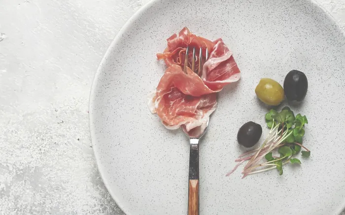 Framed Print : Prosciutto on a Fork Print, Top View Framed Print : Prosciutto on a Fork Print, Top View