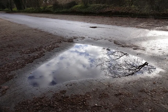 Framed Print : Puddle with Reflection, Winter Print, Germany