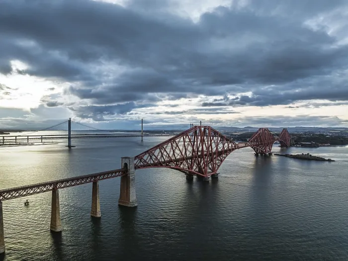 Framed Print : Rain Clouds over Forth Bridge Drone Print, Scotland Framed Print : Rain Clouds over Forth Bridge Drone Print, Scotland