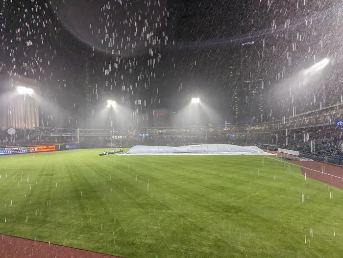 Framed Print : Rain and thunder at baseball stadium during game Print Framed Print : Rain and thunder at baseball stadium during game Print