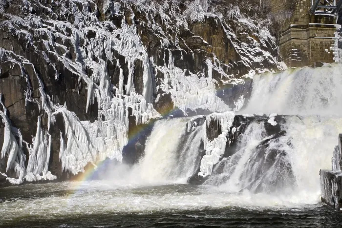 Framed Print : Rainbow on a dam, cascade in winter Print Framed Print : Rainbow on a dam, cascade in winter Print