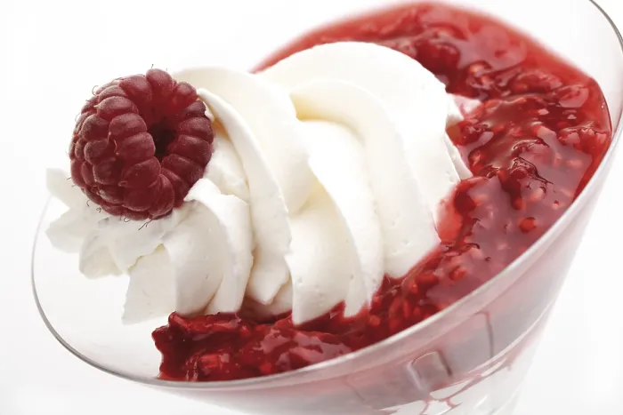 Framed Print : Raspberry Puree Print with Whipped Cream and Raspberry