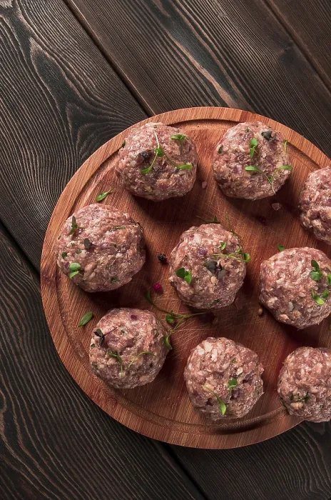 Framed Print : Raw Meatballs Print - Micro Greenery on Cutting Board Framed Print : Raw Meatballs Print - Micro Greenery on Cutting Board