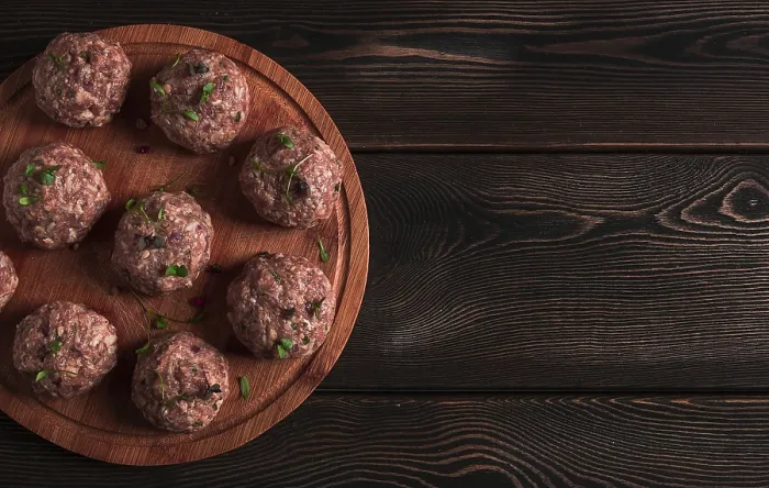 Framed Print : Raw Meatballs Print - Micro Greenery on Cutting Board Framed Print : Raw Meatballs Print - Micro Greenery on Cutting Board