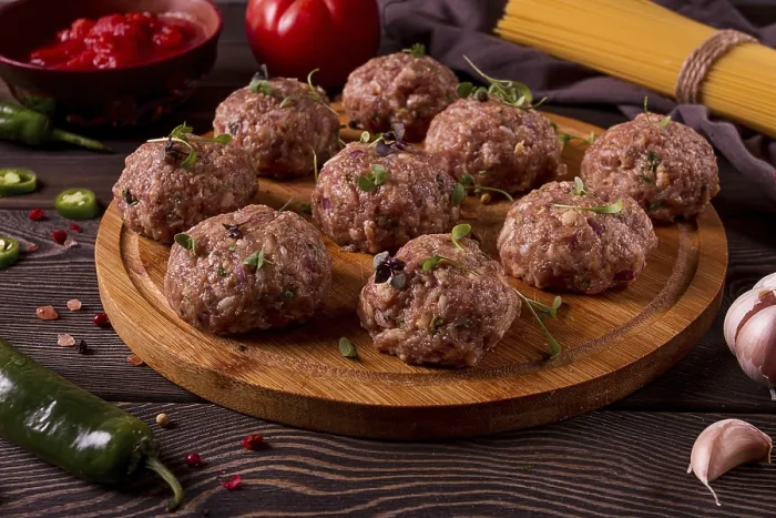 Framed Print : Raw Meatballs Print with Micro Greenery and Spices Framed Print : Raw Meatballs Print with Micro Greenery and Spices