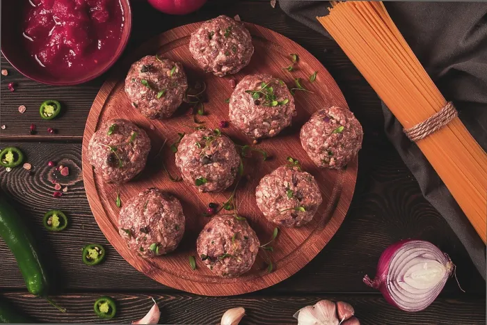 Framed Print : Raw Meatballs Print - Rustic Wooden Table Framed Print : Raw Meatballs Print - Rustic Wooden Table