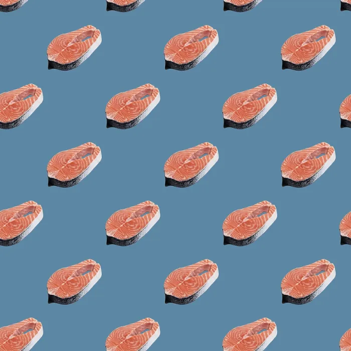 Framed Print : Raw Salmon Steak Print on Blue Background Framed Print : Raw Salmon Steak Print on Blue Background