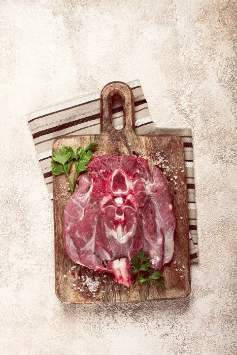 Framed Print : Raw Veal Neck Steak Print, Top View Framed Print : Raw Veal Neck Steak Print, Top View