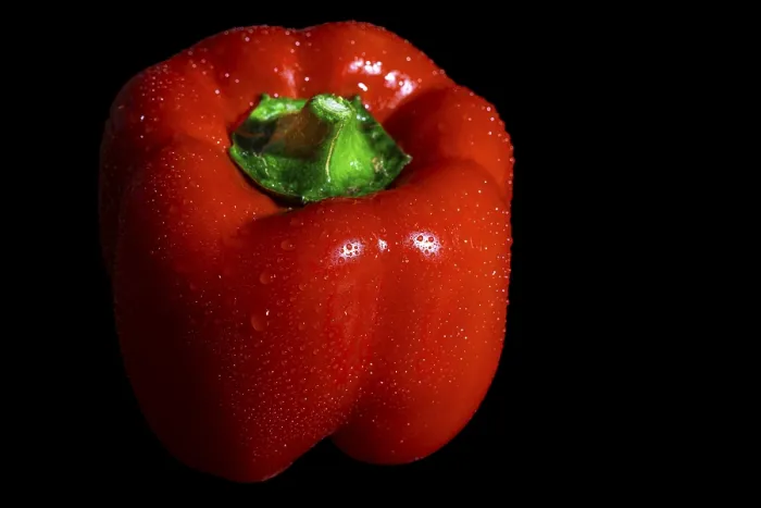 Framed Print : Red Capsicum Print with Drops on Dark Background Framed Print : Red Capsicum Print with Drops on Dark Background
