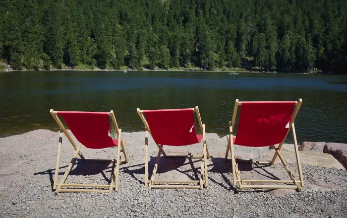 Framed Print : Three Red Deckchairs at Mummelsee Print, Germany Framed Print : Three Red Deckchairs at Mummelsee Print, Germany