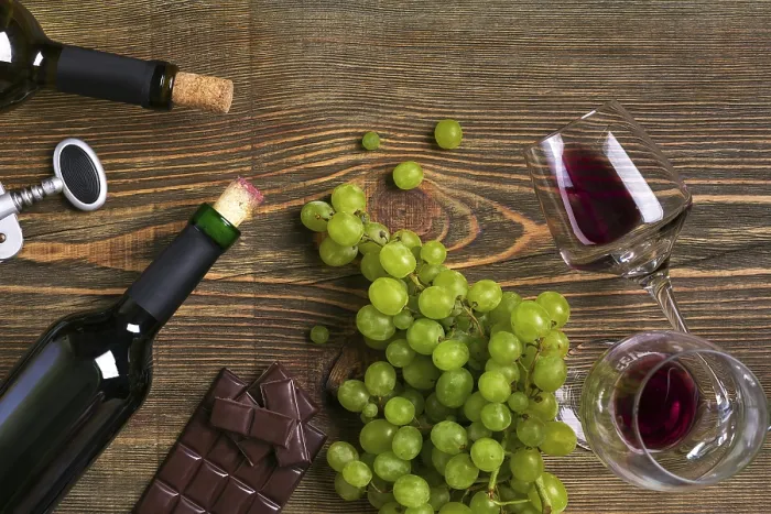 Framed Print : Red and White Wine Print with Grapes and Chocolate Framed Print : Red and White Wine Print with Grapes and Chocolate