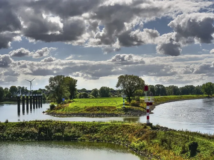 Framed Print : River Landscape Print with Lighthouse and Windmill Framed Print : River Landscape Print with Lighthouse and Windmill