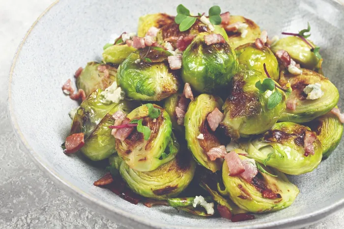 Framed Print : Roasted Brussels Sprouts with Bacon Print, Vegetarian Food Framed Print : Roasted Brussels Sprouts with Bacon Print, Vegetarian Food
