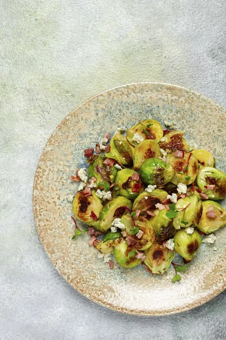 Framed Print : Roasted Brussels Sprouts with Bacon Print, Vegetarian Food Framed Print : Roasted Brussels Sprouts with Bacon Print, Vegetarian Food