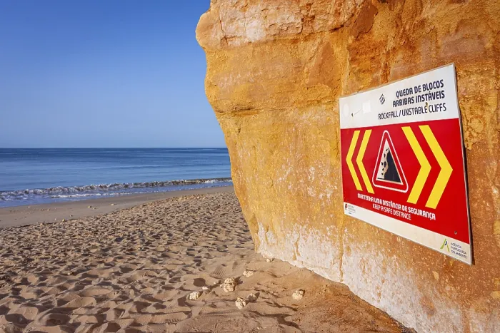 Framed Print : Rockfall Warning Sign Print, Albufeira Coast, Portugal Framed Print : Rockfall Warning Sign Print, Albufeira Coast, Portugal