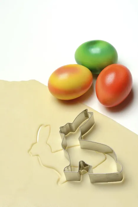 Framed Print : Rolled dough with bunny cookie cutter and Easter eggs print Framed Print : Rolled dough with bunny cookie cutter and Easter eggs print