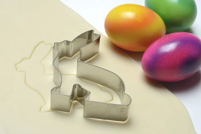 Framed Print : Rolled Dough with Bunny Cookie Cutter and Easter Eggs Print Framed Print : Rolled Dough with Bunny Cookie Cutter and Easter Eggs Print